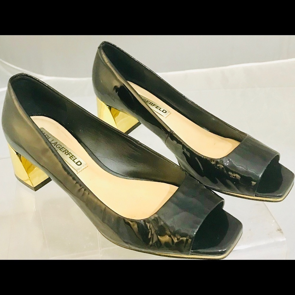 Karl Lagerfeld peep toe black patent gold heels